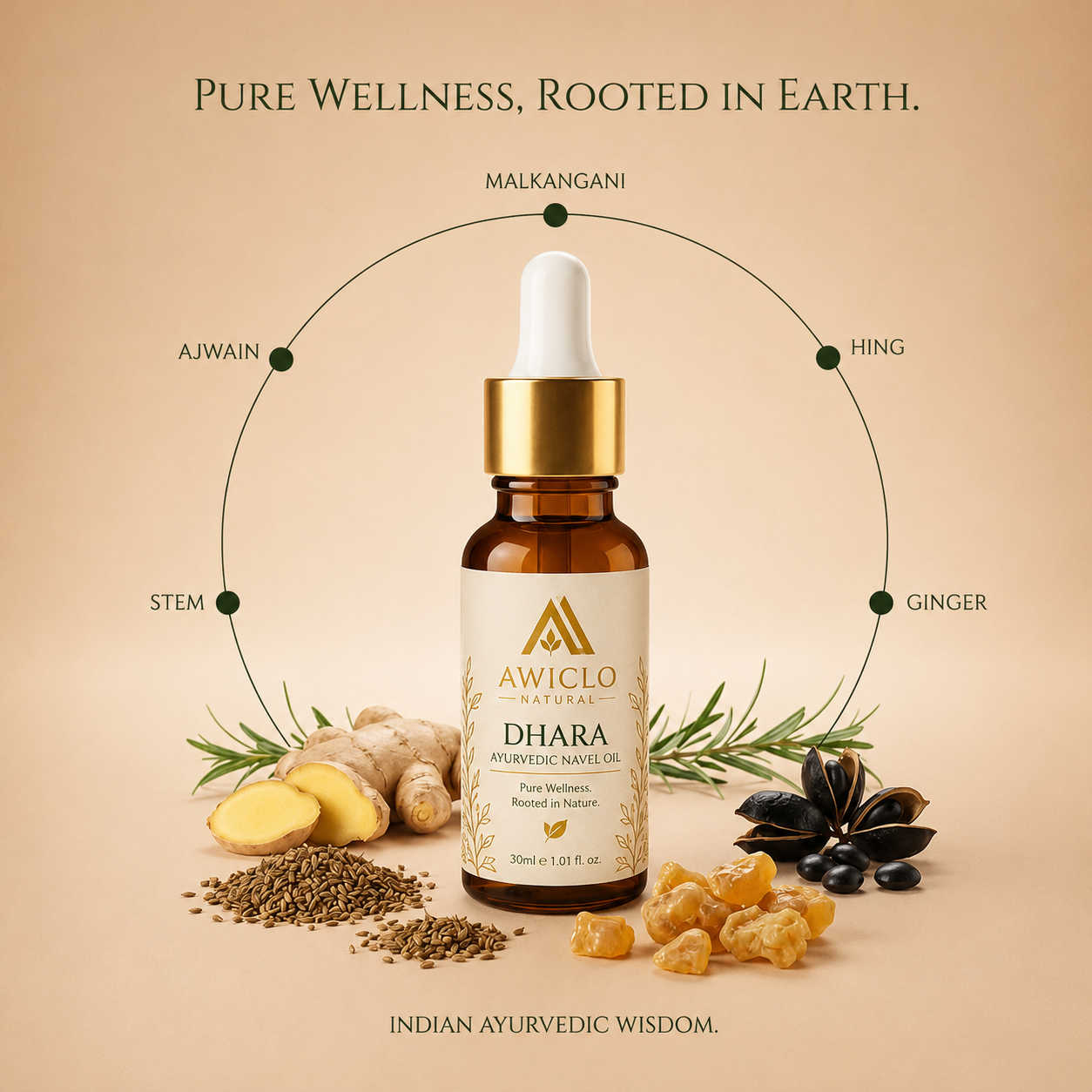 Awiclo Natural Dhara Ayurvedic Navel Oil | Pure Belly Button Oil for Digestion, Gut Health, Bloating & Daily Wellness | 30ml